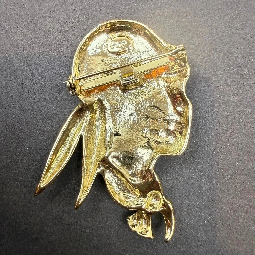 Torino Vintage Figural Brooch Woman Profile Feather Flower Gold Tone Pin
